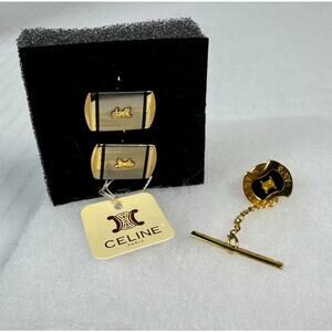 Vintage Celine Paris Gold Tone Cufflinks & Tie Tack Set France